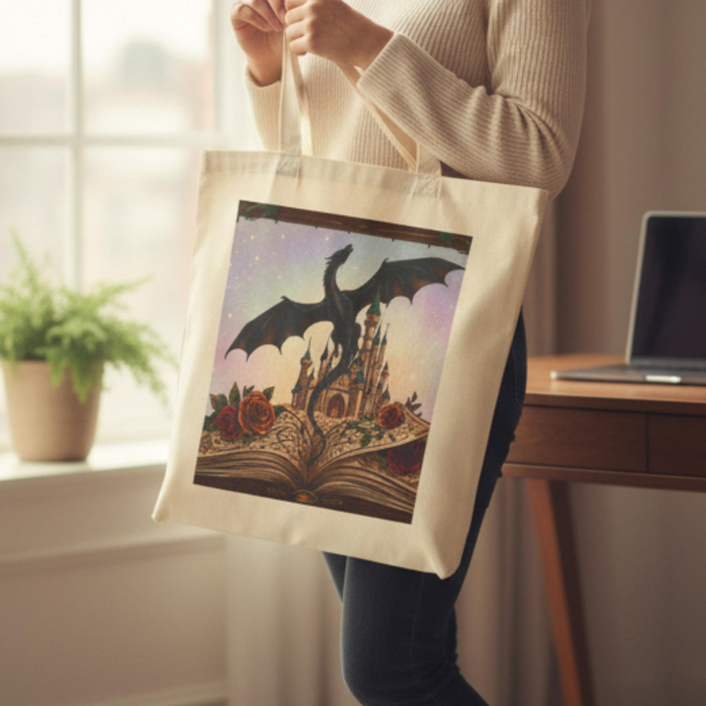 Book Lover Tote Bag – Canvas Dragon Fantasy Library Design