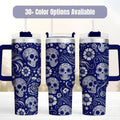 Insulated Stainless Steel Tumbler Sugar Skull Design Day Of The Dead Calavera Pattern 40oz Capacity Double Walled Construction Hot Cold Drinks Travel Beverage Container Handle Straw Lid Daily Use Drinkware Mexican Folk Art Style Gothic
