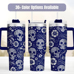 Insulated Stainless Steel Tumbler Sugar Skull Design Day Of The Dead Calavera Pattern 40oz Capacity Double Walled Construction Hot Cold Drinks Travel Beverage Container Handle Straw Lid Daily Use Drinkware Mexican Folk Art Style Gothic
