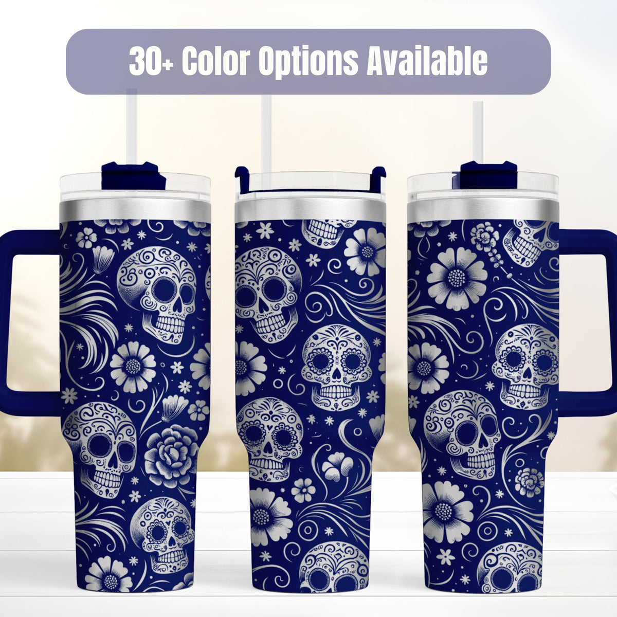 Insulated Stainless Steel Tumbler Sugar Skull Design Day Of The Dead Calavera Pattern 40oz Capacity Double Walled Construction Hot Cold Drinks Travel Beverage Container Handle Straw Lid Daily Use Drinkware Mexican Folk Art Style Gothic