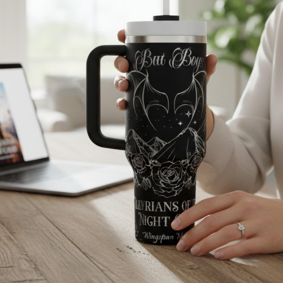 Insulated Fantasy Tumbler Acotar Inspired Design Forty Ounce Travel Drinkware Bookish Gift Collection Stainless Steel Construction Mountain Rose Artwork Night Court Theme Book Lover Merchandise Hot Cold Drink Container SJM Fan Essential