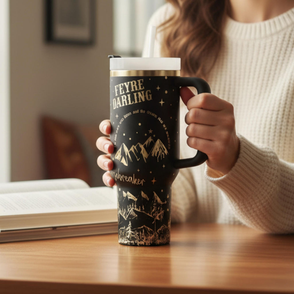 Insulated Stainless Steel Tumbler 40oz Double Wall Construction Keeps Drinks Hot Cold Hours Fantasy Themed Travel Mug Literary Design Perfect Daily Companion Book Lover Gift Booktok Merchandise Character Inspired Drinkware White Artwork