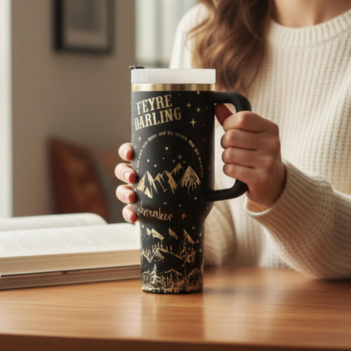 Insulated Stainless Steel Tumbler 40oz Double Wall Construction Keeps Drinks Hot Cold Hours Fantasy Themed Travel Mug Literary Design Perfect Daily Companion Book Lover Gift Booktok Merchandise Character Inspired Drinkware White Artwork