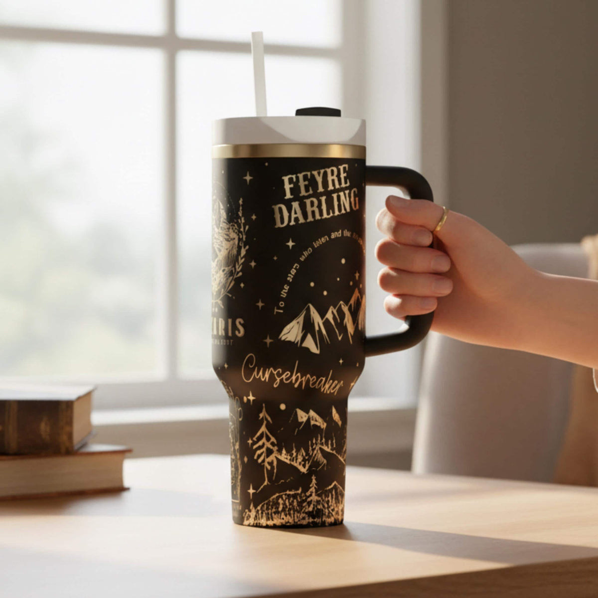 Stainless Steel Insulated Tumbler 40 Ounce Large Capacity Travel Mug With Handle Straw Fantasy Inspired Design Night Court Velaris Laser Engraved Artwork Book Lover Gift Essential Reading Companion Beverage Container Temperature Control