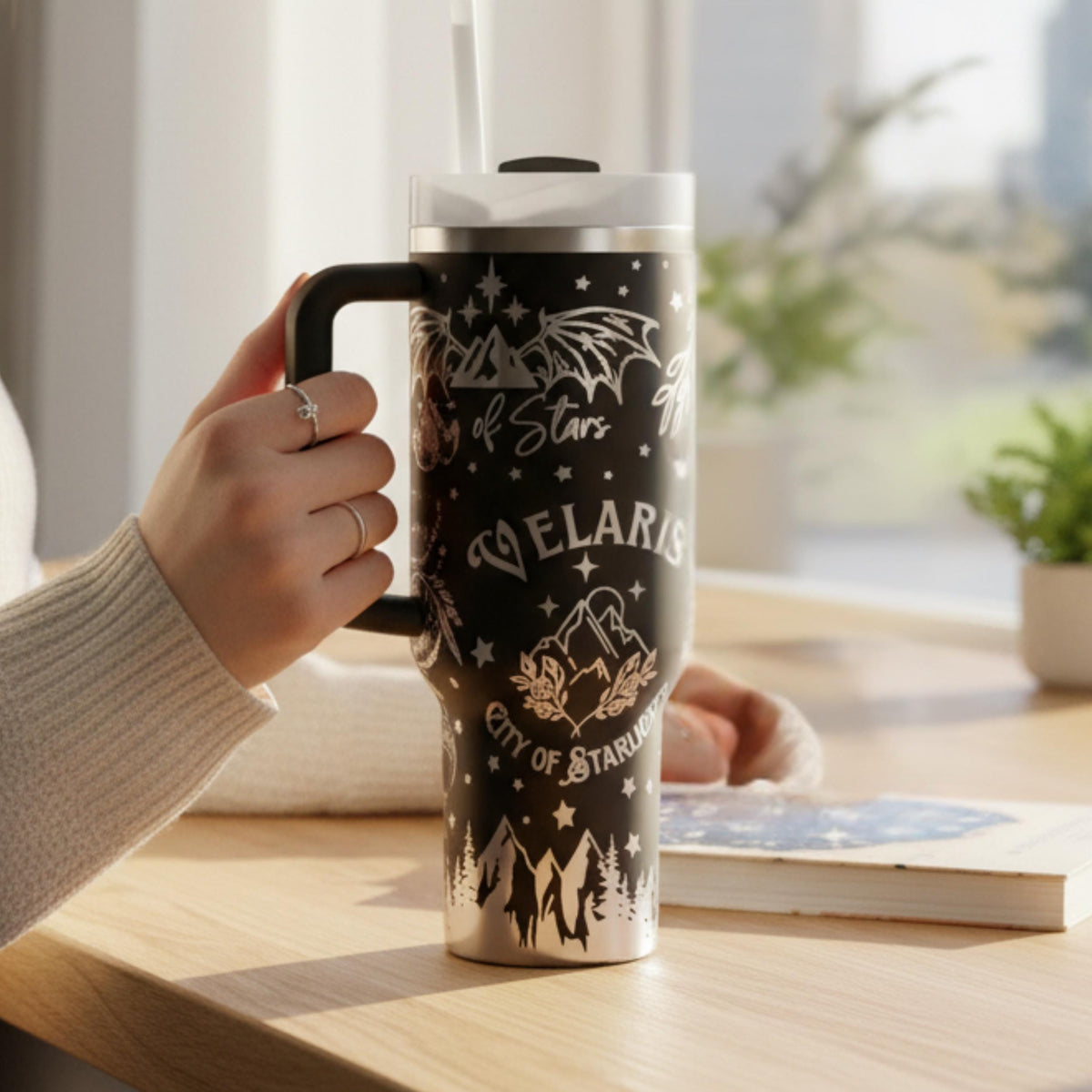 Bookish Merchandise Fantasy Themed Tumbler 40oz Insulated Stainless Steel Laser Engraved Celestial Design Stars Moons Wings Mountains Botanical Elements Perfect Reader Gift Literary Fandom Drinkware Temperature Retention Double Wall