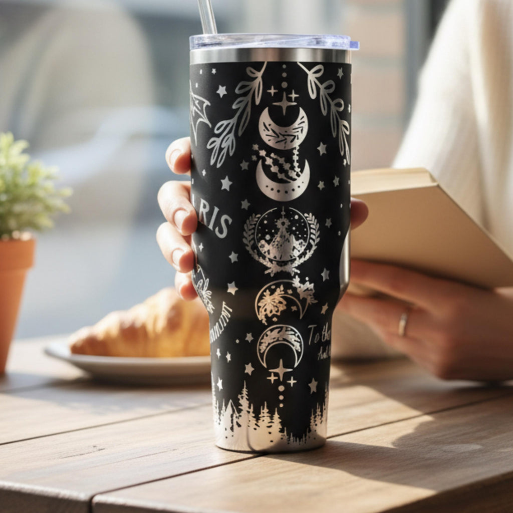 Insulated Stainless Steel Tumbler 40oz Capacity Laser Engraved Design Celestial Pattern Stars Moons Wings Mountains Botanical Elements Perfect Book Lover Gift Fantasy Themed Drinkware Temperature Control Double Wall Construction Sliding Lid