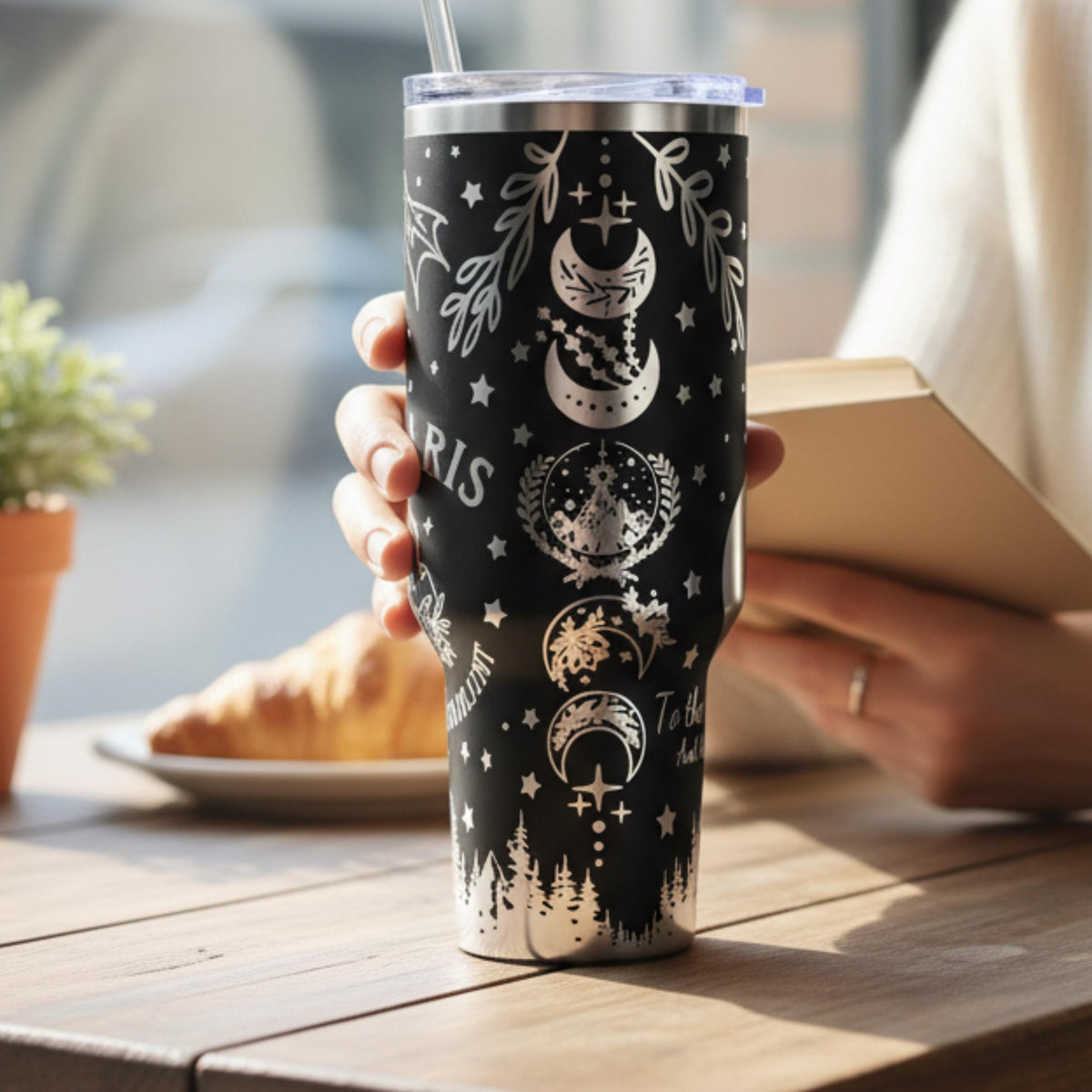 Insulated Stainless Steel Tumbler 40oz Capacity Laser Engraved Design Celestial Pattern Stars Moons Wings Mountains Botanical Elements Perfect Book Lover Gift Fantasy Themed Drinkware Temperature Control Double Wall Construction Sliding Lid