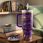 Book Lover Gift Perfect Fantasy Drinkware Insulated Tumbler 40oz Capacity Laser Engraved Celestial Artwork Stars Moons Mountains Wings Botanical Details Stainless Steel Construction Temperature Control Double Wall Insulation Sliding Lid