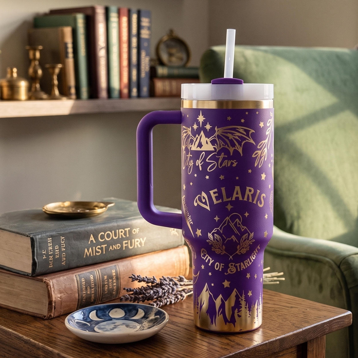 Book Lover Gift Perfect Fantasy Drinkware Insulated Tumbler 40oz Capacity Laser Engraved Celestial Artwork Stars Moons Mountains Wings Botanical Details Stainless Steel Construction Temperature Control Double Wall Insulation Sliding Lid