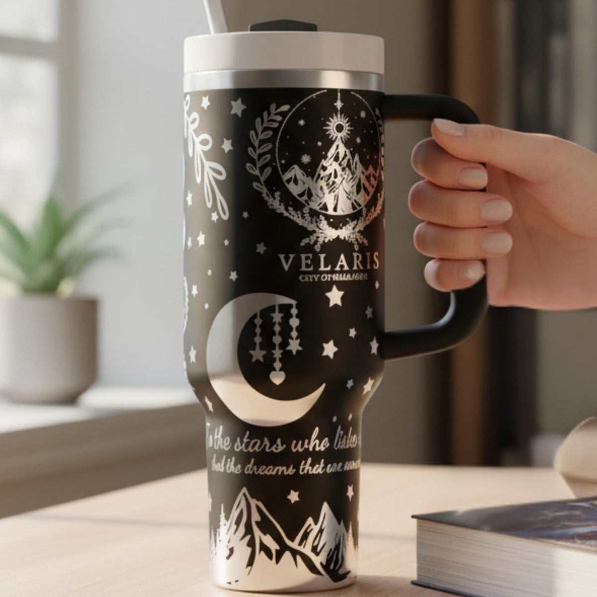 Large Capacity Thermal Mug Insulated Travel Cup ACOTAR Fantasy Drinkware Night Court Velaris Design Book Lover Reading Companion Sarah J Maas Merchandise Hot Cold Beverage Container Laser Engraved Celestial Imagery Bookish Gift Fantasy