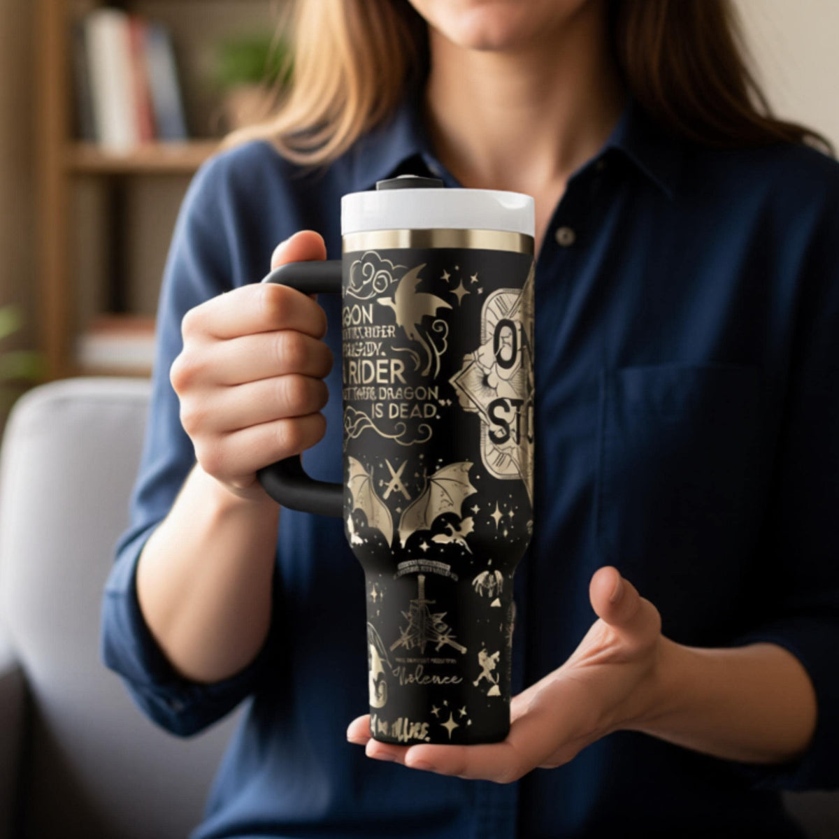 Insulated Travel Tumbler Dragon Gothic Art Design Stainless Steel Fantasy Drinkware Holographic Rainbow Shimmer Wrap Onyx Storm Collector Gift Perfect Book Lover Present Daily Use Beverage Container Premium Quality Construction Dragon Rider