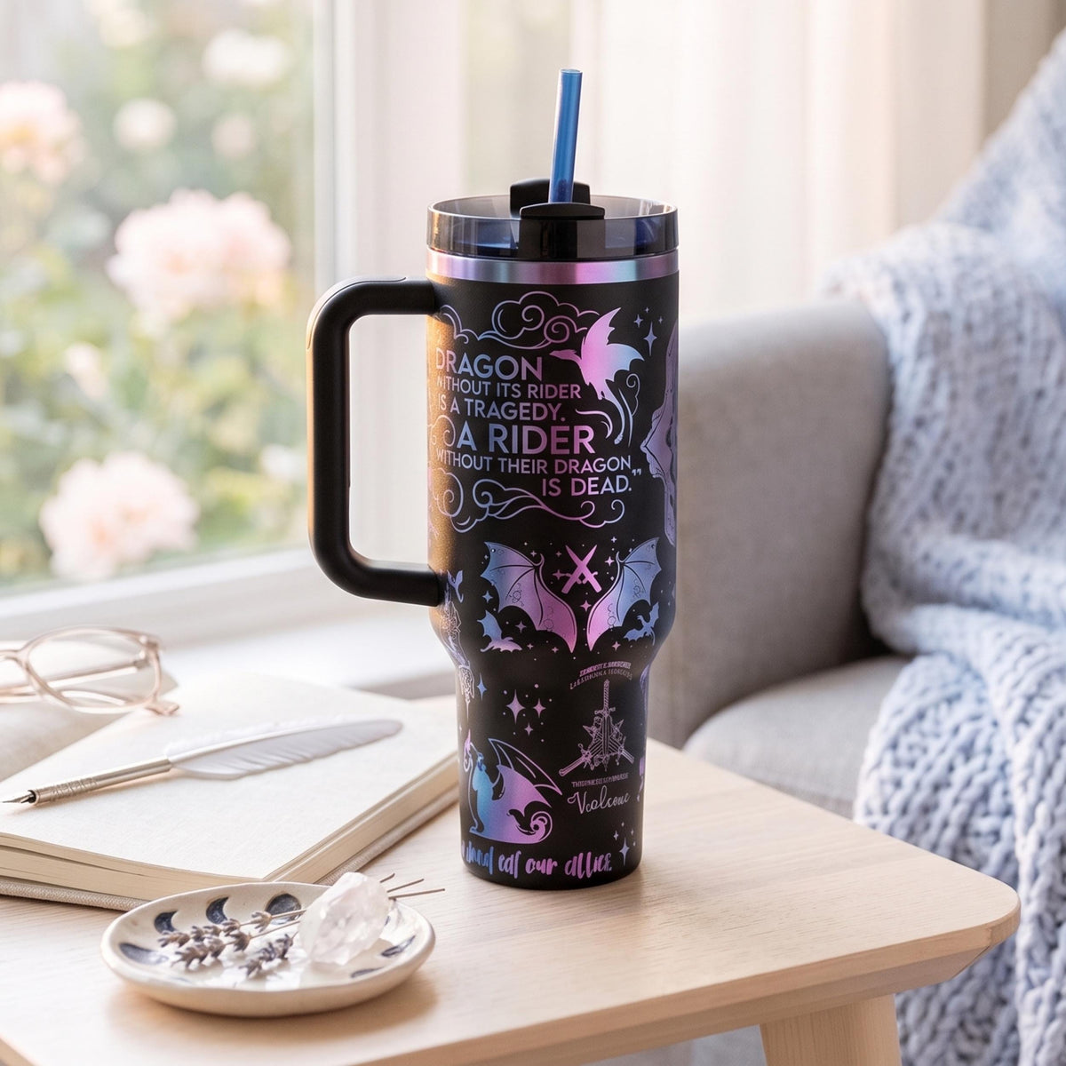 Stainless Steel Dragon Tumbler Insulated Travel Mug Fantasy Gothic Design Holographic Shimmer Artwork Onyx Storm Collection Perfect Book Lover Gift Dragon Enthusiast Present Premium Quality Drinkware Daily Beverage Container Cold Hot Keeper