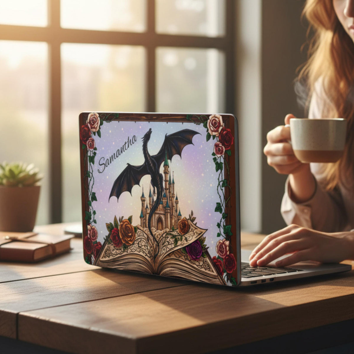 Dragon Fantasy Laptop Cover Clear MacBook Case Custom Name Personalized Protection Gothic Castle Design Rose Elements Medieval Theme Transparent Shell Computer Accessory Writer Notebook Gift Creative Professional Tech Student Fantasy