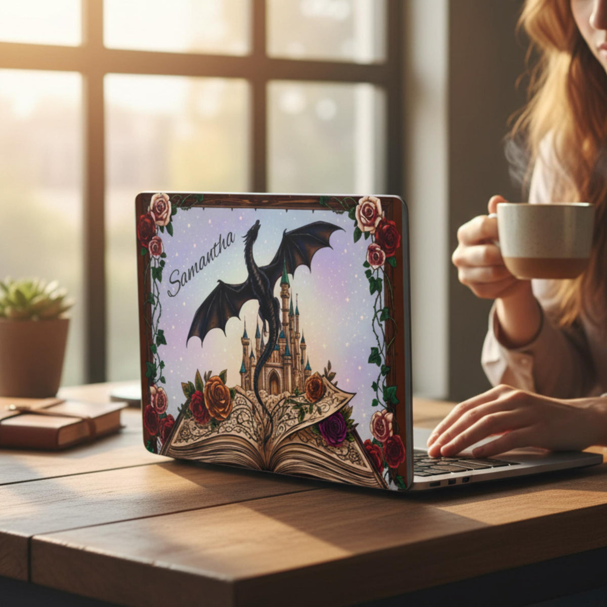 Book Lover MacBook Case Fantasy Dragon Protection Literary Laptop Cover Personalized Name Design Spellbook Artwork Gothic Castle Theme Rose Border Details Matte Finish Protection Writer Accessories Student Gift Enchanted Dragon Design