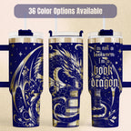Book Dragon Tumbler Insulated Stainless Steel Travel Mug 40 Ounce Capacity With Handle Gothic Fantasy Artwork Design Perfect Gift For Book Lovers Reading Companion Cold Beverage Keeper Whimsical Dragon Illustration Literary Quote Pattern