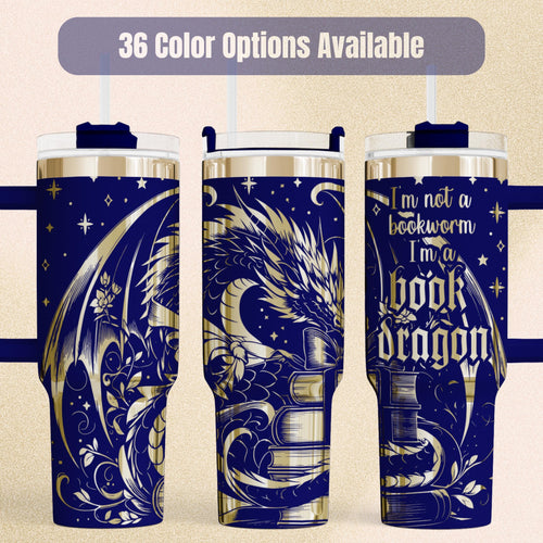 Book Dragon Tumbler Insulated Stainless Steel Travel Mug 40 Ounce Capacity With Handle Gothic Fantasy Artwork Design Perfect Gift For Book Lovers Reading Companion Cold Beverage Keeper Whimsical Dragon Illustration Literary Quote Pattern