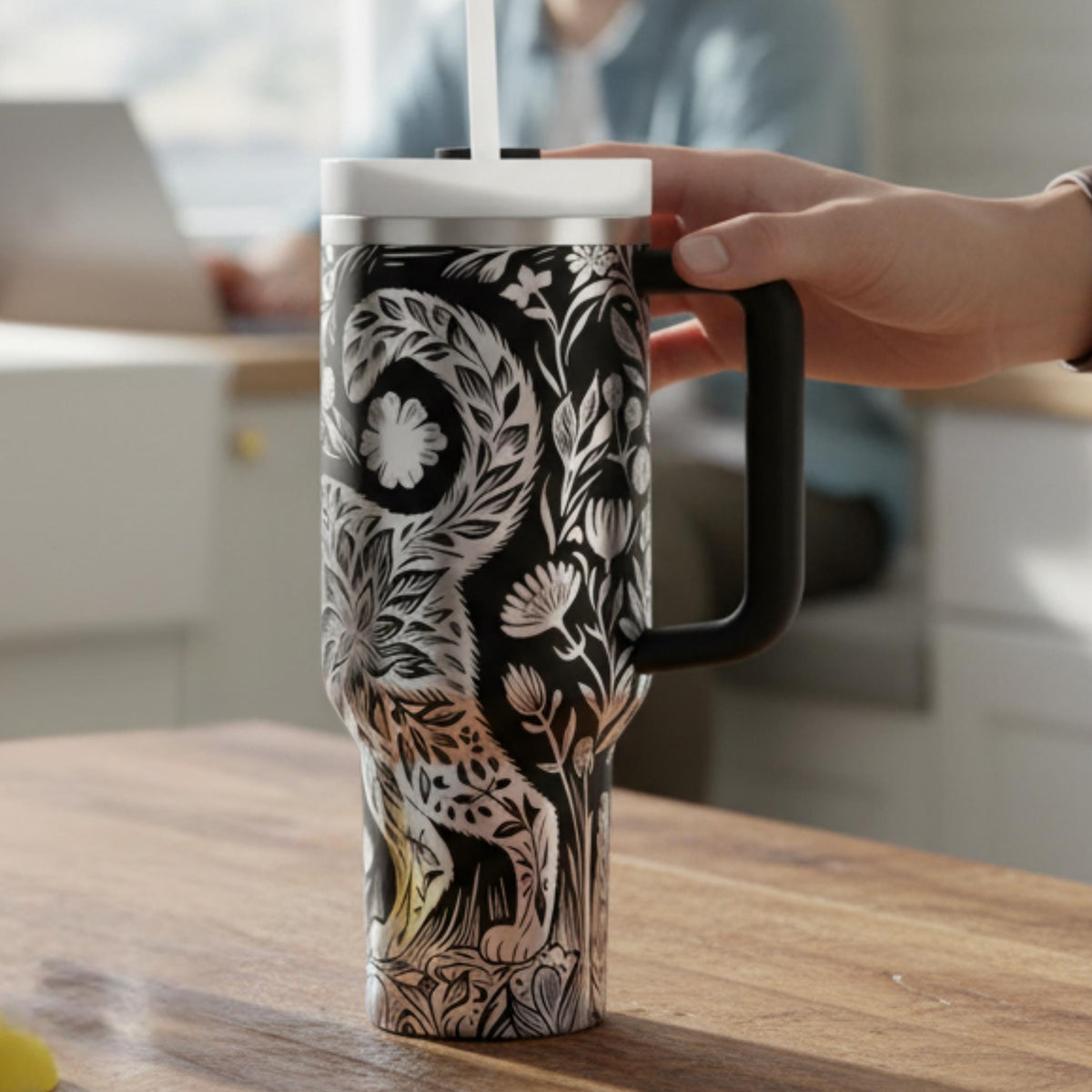 40oz Tumbler With Handle Holographic Floral Butterfly Design Cat Silhouette Pattern Insulated Stainless Steel Cup Double Wall Keeps Hot Cold Drinks Temperature Controlled Perfect Gift Cat Lovers Women Travel Mug Daily Hydration Black Purple