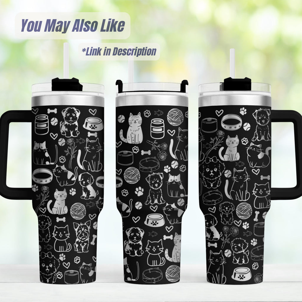 Floral Cat Tumbler with Handle – 40oz Insulated Stainless Steel