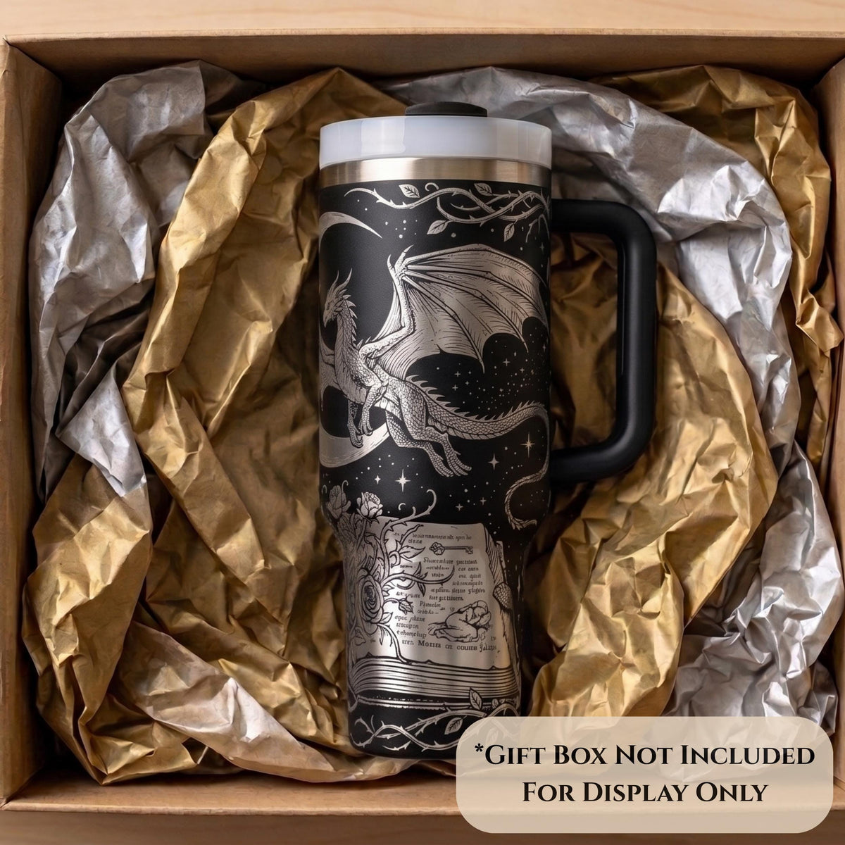 Large Capacity Dragon Tumbler 40oz Insulated Travel Mug Fantasy Castle Design Perfect Romantasy Fan Gift Book Reader Present Stainless Steel Construction Burgundy Red Gold Artwork Gothic Aesthetic Bottle Handle Straw Included Double Wall