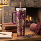 Fantasy Travel Mug Dragon Castle Design Stainless Steel Tumbler Gothic Black Artwork Medieval Theme Drinkware Large Capacity Insulated Container Perfect Gift Book Reader Birthday Present For Men Daily Commute Essential Hot Cold Beverage