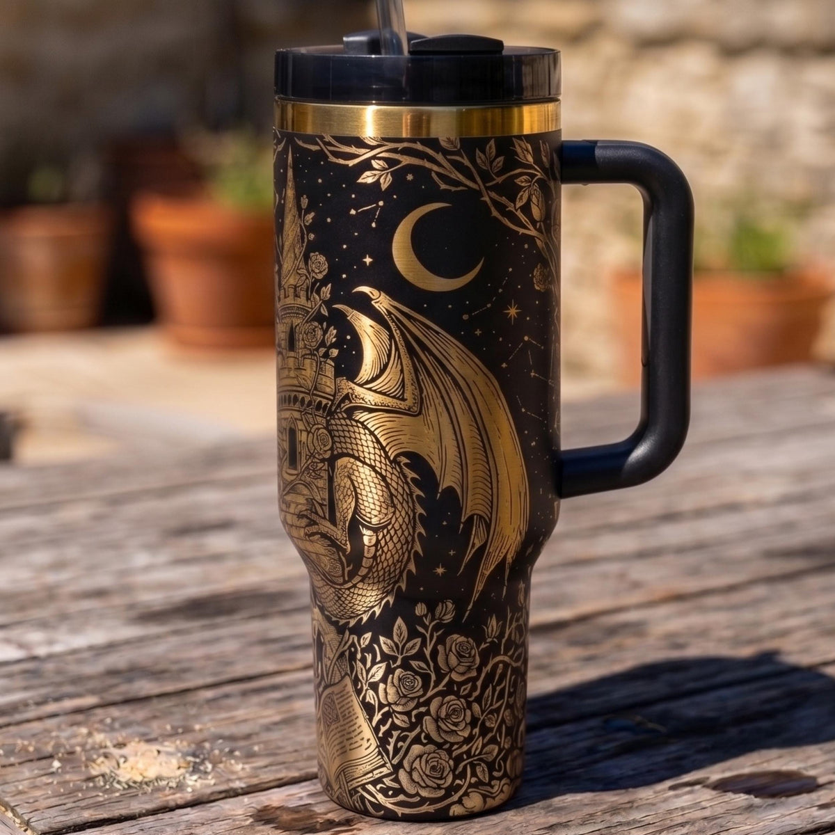 Large Capacity Tumbler With Handle Dragon Castle Design Stainless Steel Travel Mug Gothic Fantasy Drinkware Ornate Artwork Insulated Cup For Book Lovers Mythical Creature Illustration Starry Night Background Perfect Gift For Fantasy Readers
