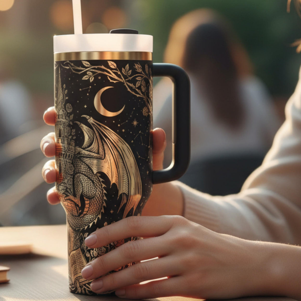 Insulated Travel Mug With Handle Dragon Castle Design Stainless Steel Tumbler Gothic Fantasy Drinkware Mythical Creature Artwork Large Capacity Cup For Book Lovers Starry Night Background Perfect Gift For Fantasy Fans Dragon Enthusiast