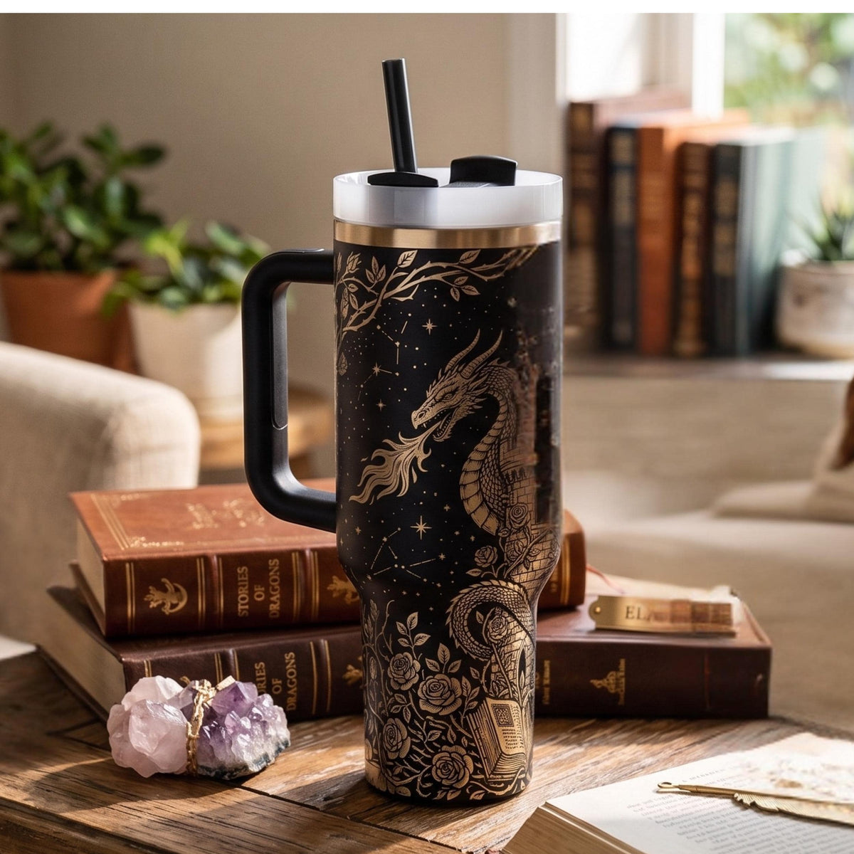 Fantasy Drinkware With Handle Dragon Tumbler Stainless Steel Cup Gothic Castle Travel Mug Insulated Beverage Container Large Capacity Design Mythical Creature Artwork Starry Night Theme Perfect Gift For Book Readers Dragon Lover Present