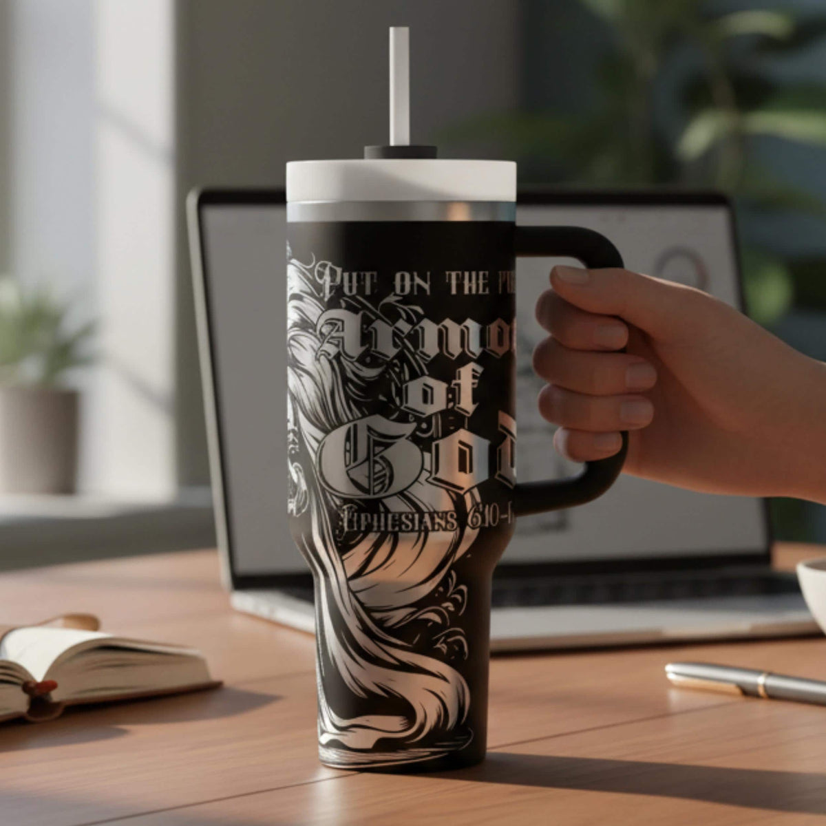 Biblical Verse Tumbler Lion Artwork Design 40oz Stainless Steel Insulated Bottle Faith Gift Daily Devotional Companion Double Wall Construction Leak Proof Lid Handle Straw Religious Drinkware Church Member Present Spiritual Journey