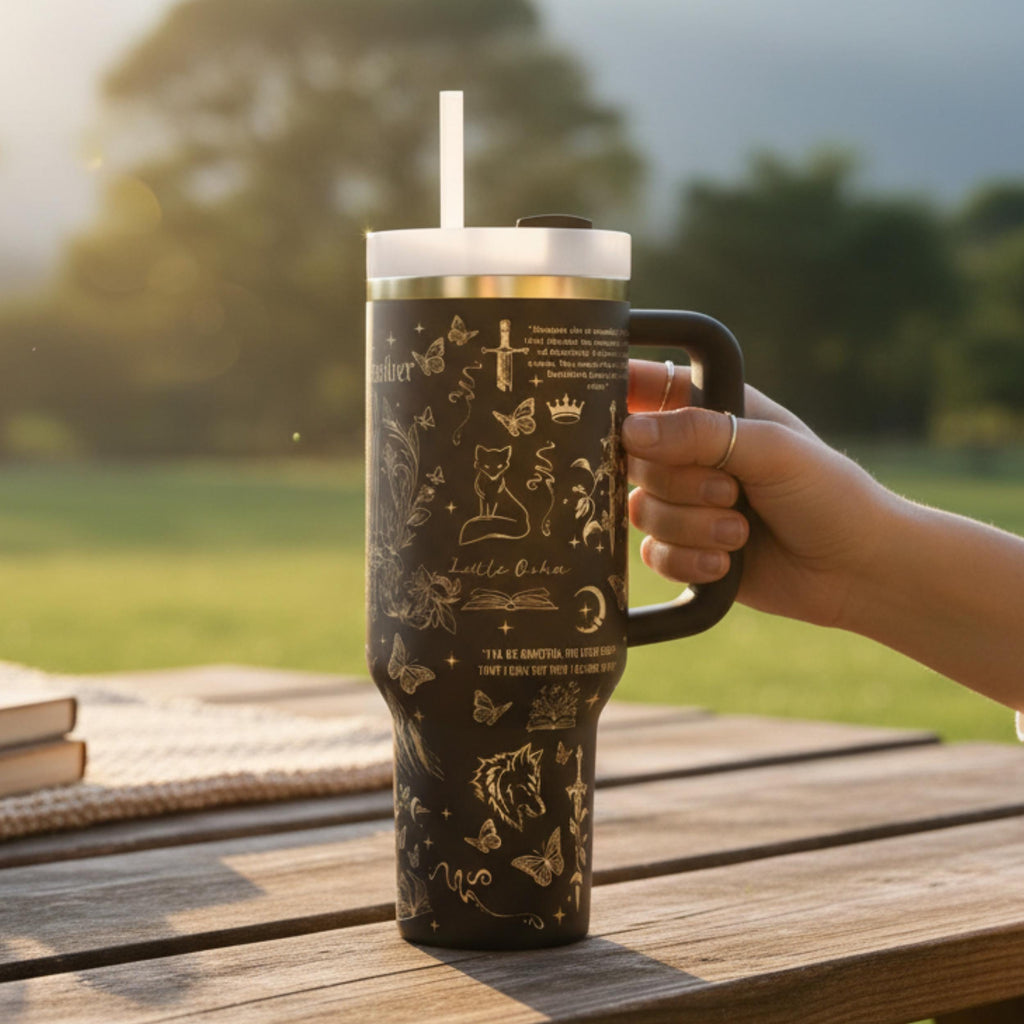 Dark Academia Tumbler Insulated Stainless Steel 40oz Black Gothic Design Butterfly Moon Sword Motifs Literary Aesthetic Drinkware Perfect Gift For Book Lovers Fantasy Reader Collection Premium Insulation Hot Cold Beverages All Day Reading