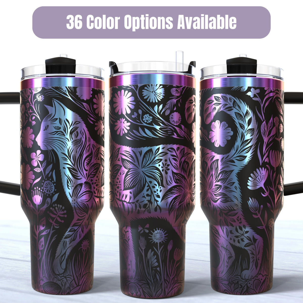 Floral Cat Tumbler With Handle 40oz Insulated Stainless Steel Cup Perfect Gift For Cat Lovers Holographic Butterfly Pattern Design Keeps Hot Cold Beverages Temperature Controlled Double Wall Insulation Travel Coffee Mug Women Stylish