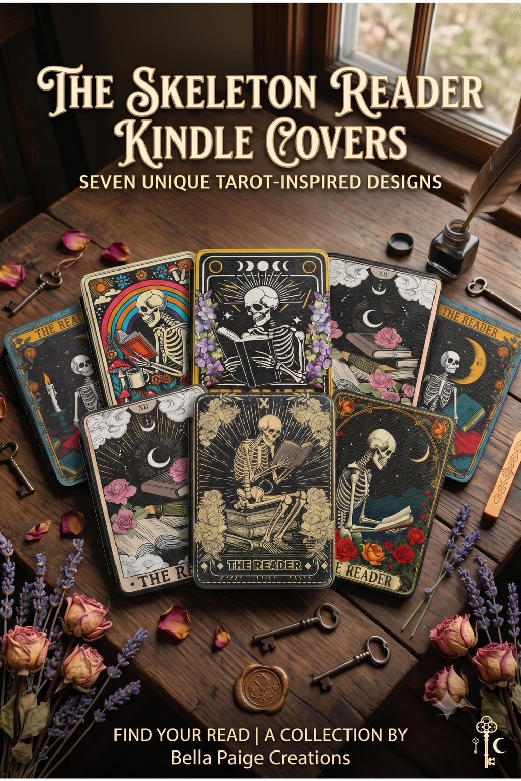 Gothic Kindle Case – Skeleton Tarot Design for Paperwhite 7" Readers