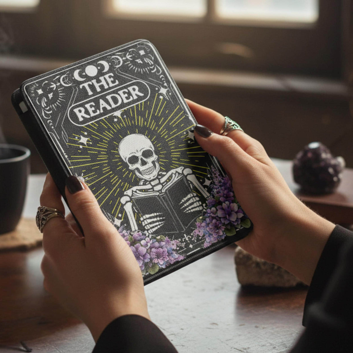 Dark Academia Kindle Case Gothic Skeleton Reader Design Tarot Inspired Cover Paperwhite Seven Inch Protection Witchy Book Aesthetic Mystical Reading Theme Magnetic Closure Secure Fit PU Leather Material Bookish Gift Collection Gothic