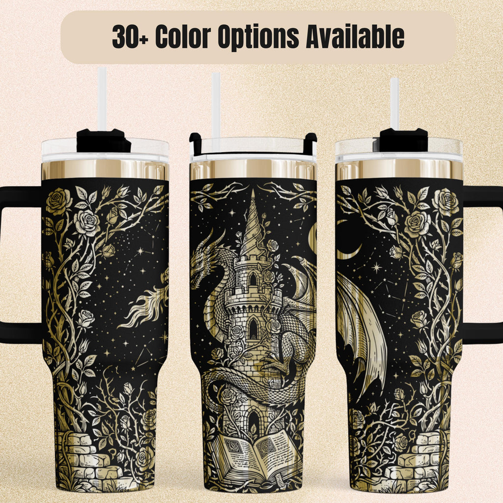 Dragon Tumbler With Handle Stainless Steel Travel Mug Gothic Castle Design Fantasy Drinkware For Book Readers Insulated Beverage Container Large Capacity Cup Mythical Creature Artwork Starry Night Background Perfect Gift For Fantasy