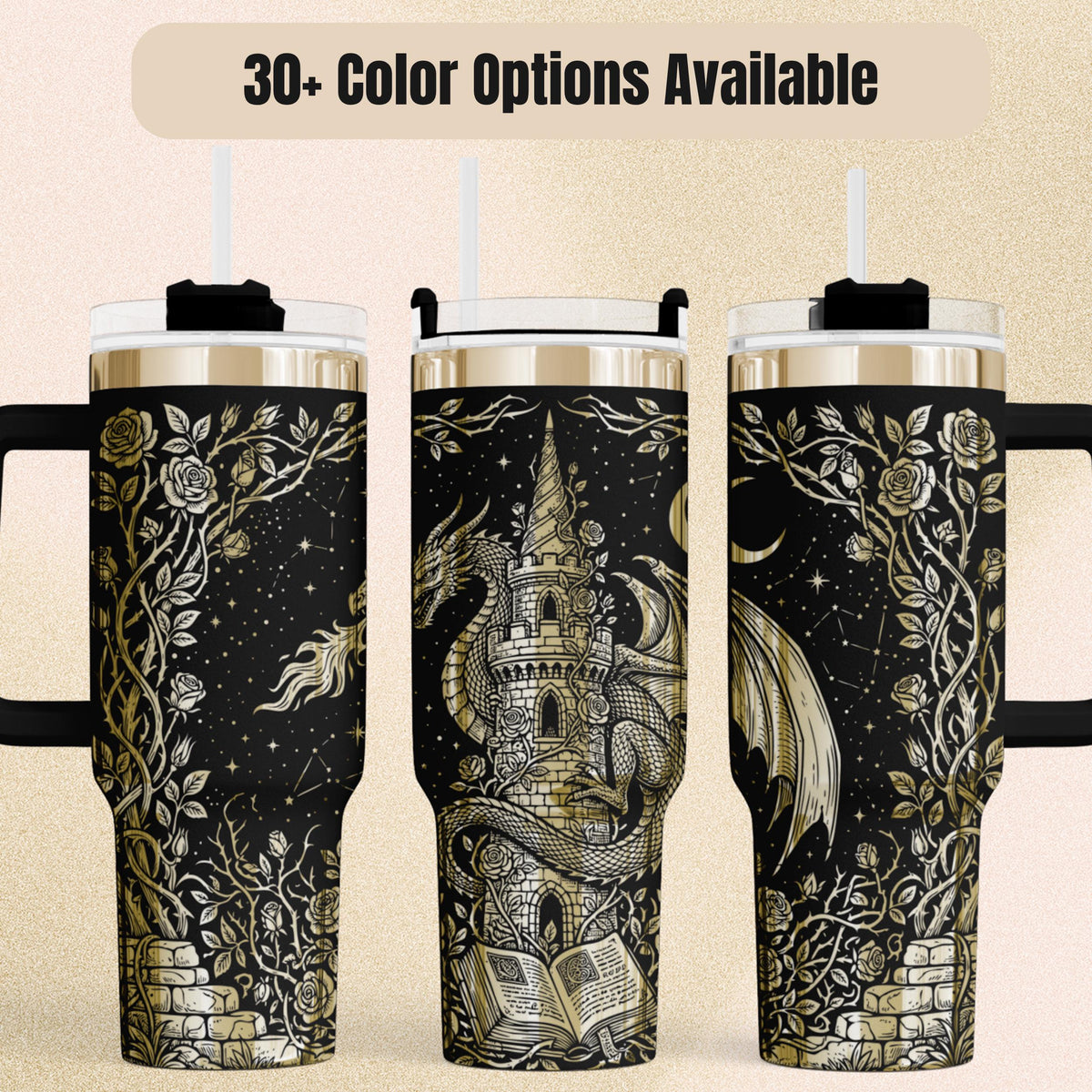 Dragon Tumbler With Handle Stainless Steel Travel Mug Gothic Castle Design Fantasy Drinkware For Book Readers Insulated Beverage Container Large Capacity Cup Mythical Creature Artwork Starry Night Background Perfect Gift For Fantasy