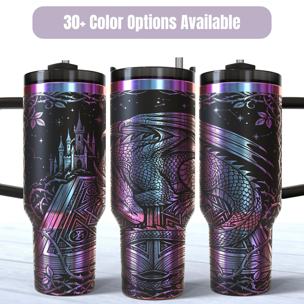Black Dragon Tumbler 40oz Stainless Steel Insulated Travel Mug Castle Design Medieval Fantasy Artwork Perfect Gift Book Lover Reading Enthusiast Gothic Drinkware Men Present Premium Quality Construction Secure Lid Handle Temperature Control