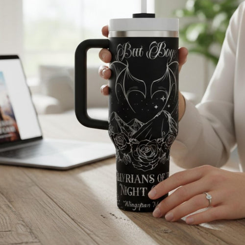 Insulated Travel Tumbler Stainless Steel Construction 40oz Beverage Container Double Wall Insulation Technology Book Lover Gift Perfect Reader Present Fantasy Literature Themed Design Mountain Rose Artwork Details Daily Coffee Cup Cold