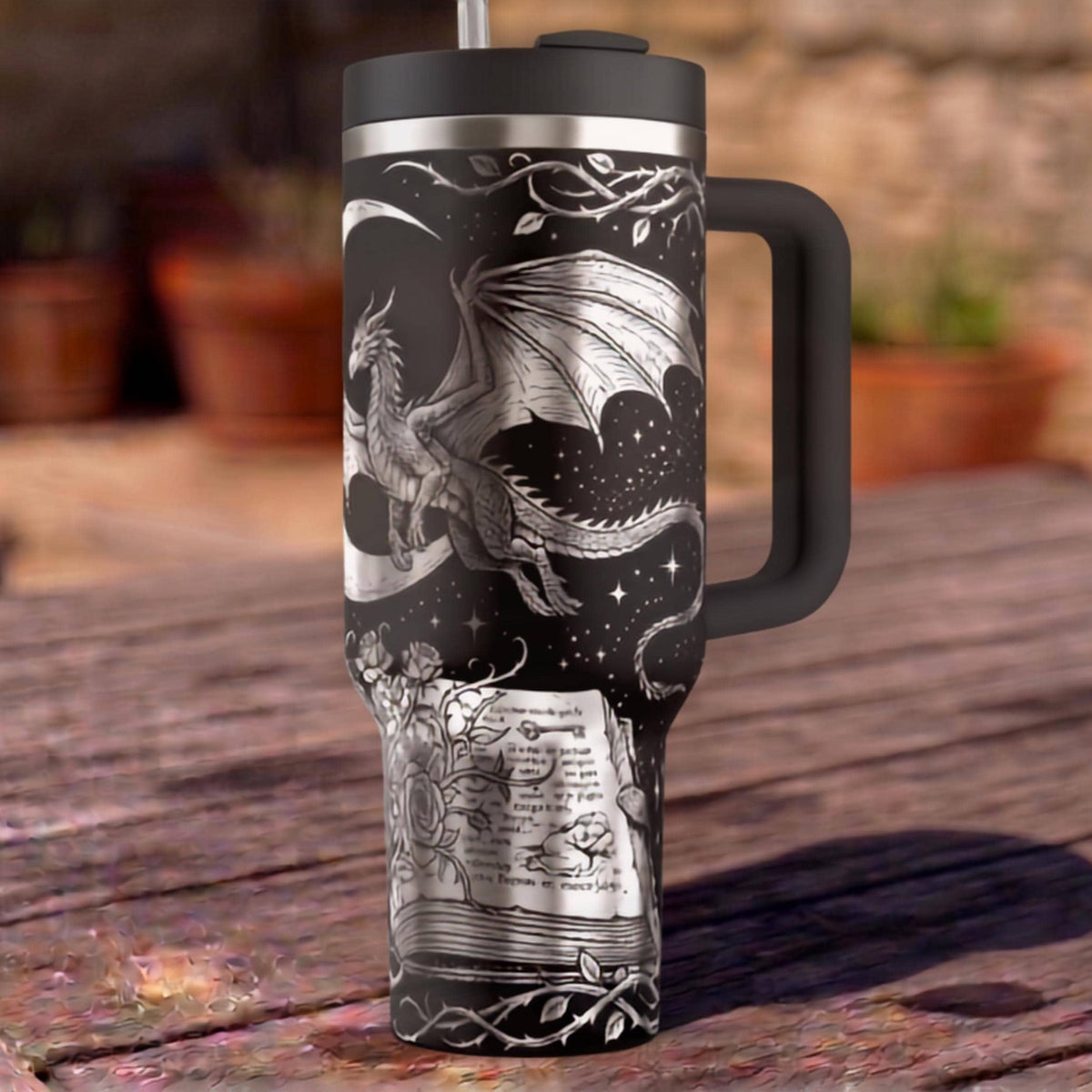 Book Lover Gift Dragon Tumbler Insulated Stainless Steel Handle Fantasy Travel Mug Gothic Castle Design 40oz Capacity Reader Accessory Bookish Drinkware Celestial Artwork Medieval Dragon Engravings Vacuum Insulated Cup Secure Lid Fantasy