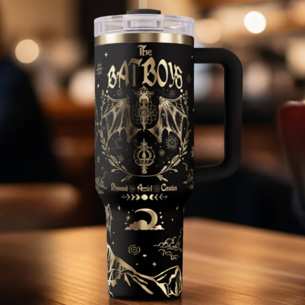 Insulated Travel Mug 40oz Stainless Steel Tumbler Double Wall Construction Keeps Drinks Cold 24 Hours Hot 6 Hours Fantasy Themed Drinkware Laser Engraved Character Design Daily Use Essential Premium Quality Book Lover Gift Durable