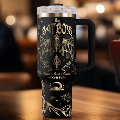 Insulated Travel Mug 40oz Stainless Steel Tumbler Double Wall Construction Keeps Drinks Cold 24 Hours Hot 6 Hours Fantasy Themed Drinkware Laser Engraved Character Design Daily Use Essential Premium Quality Book Lover Gift Durable