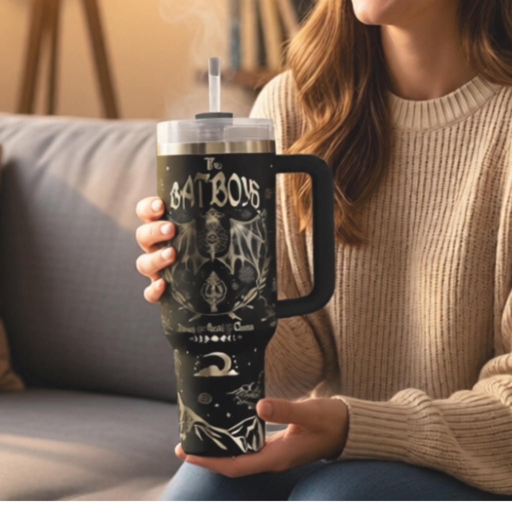 Character Themed Tumbler Fantasy Book Merchandise Laser Engraved Drinkware 40oz Insulated Travel Mug Celestial Gothic Design Fandom Collection Item Stainless Steel Construction Premium Quality Gift Book Reader Must Have Display Piece Keeps