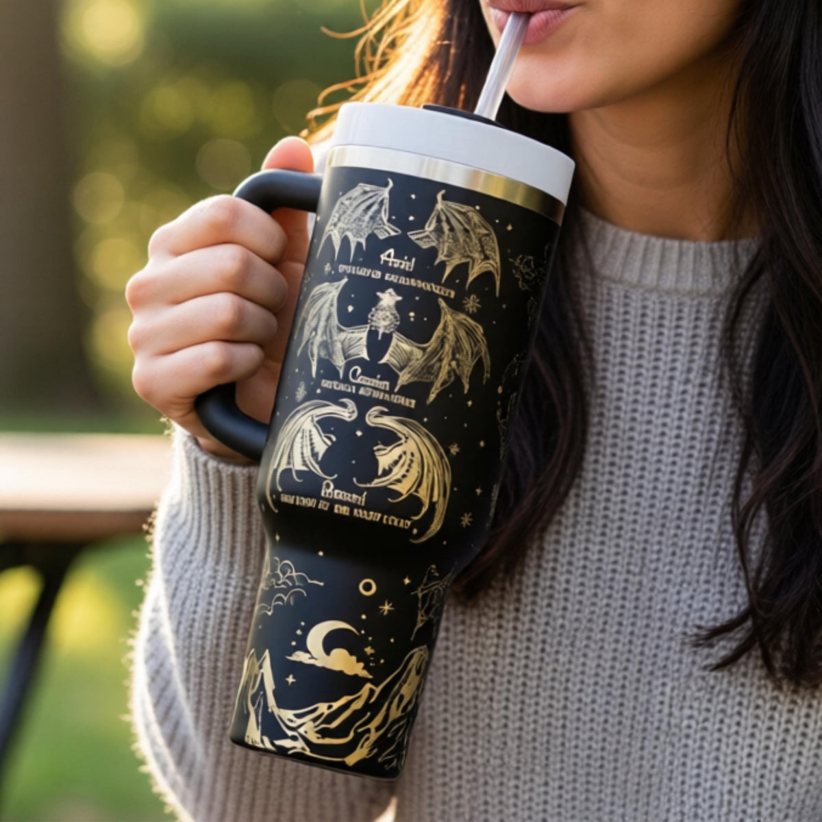Premium Fantasy Tumbler 40oz Insulated Drinkware Laser Engraved Character Design Stainless Steel Travel Mug Book Lover Collection Gothic Celestial Artwork Keeps Drinks Cold Hot Double Wall Construction Gift Fandom Merchandise Reader Must