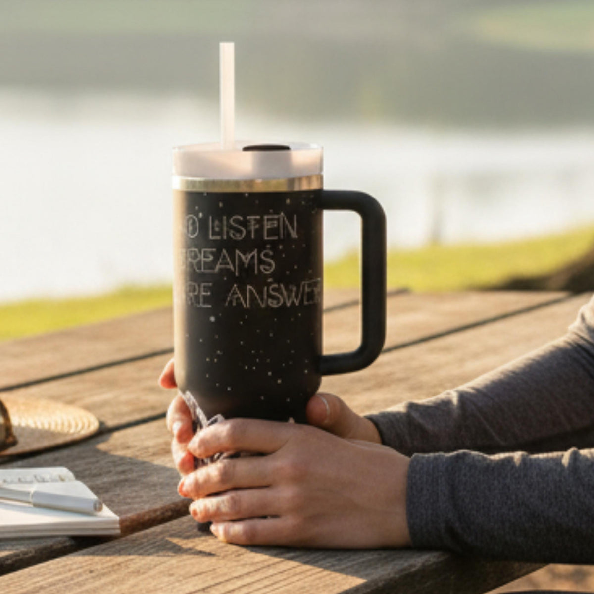 Fantasy Book Themed Tumbler Insulated Travel Drinkware Starry Night Sky Design Mountain Silhouette Literary Quote Container 40oz Stainless Steel Construction Book Lover Gift Perfect Reader Accessory Daily Use Beverage Mug Handle Lid Coffee