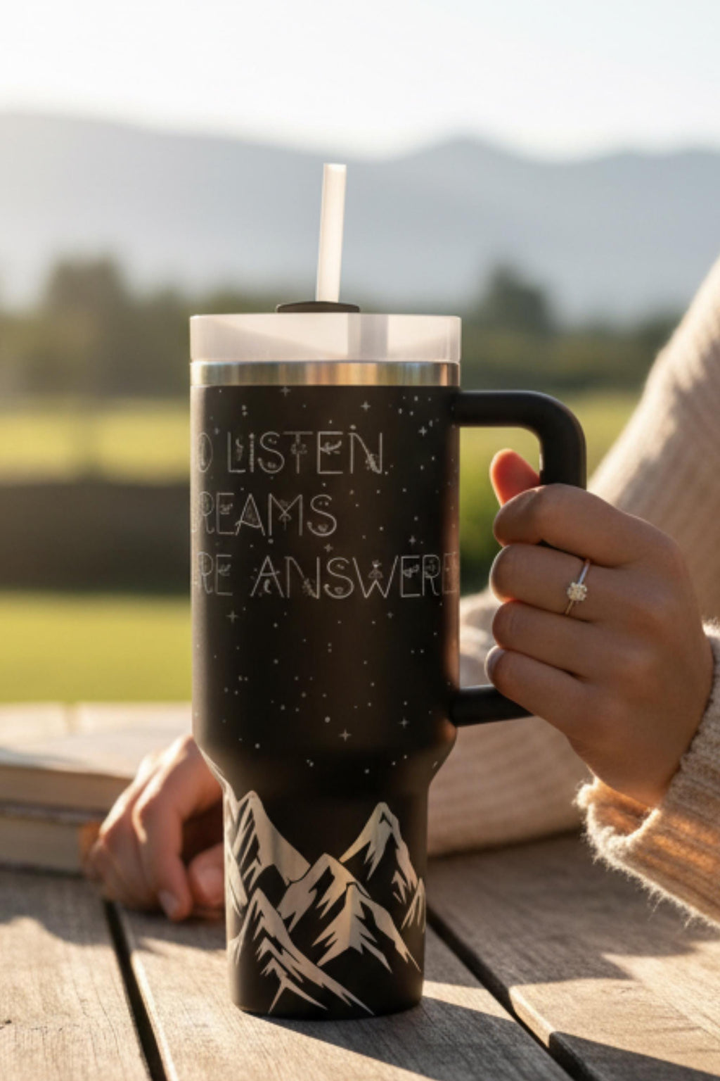 Premium Insulated Tumbler Stainless Steel Construction Double Walled Container Fantasy Design Aesthetic Starry Night Sky Mountain Silhouette Travel Drinkware Perfect Gift Idea Book Lover Present Literary Themed Merchandise Quality Crafted