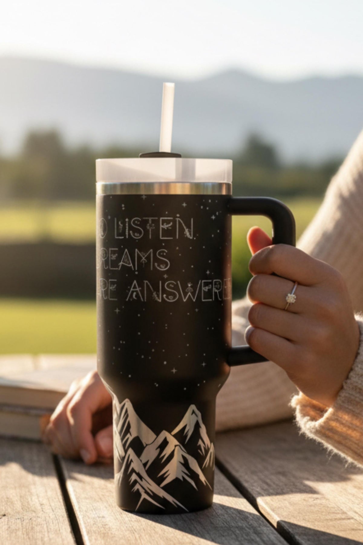 Premium Insulated Tumbler Stainless Steel Construction Double Walled Container Fantasy Design Aesthetic Starry Night Sky Mountain Silhouette Travel Drinkware Perfect Gift Idea Book Lover Present Literary Themed Merchandise Quality Crafted