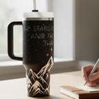 Book Lover Gift Tumbler Insulated Stainless Steel 40oz Capacity Reader Merchandise Fantasy Themed Drinkware Starry Night Sky Mountain Design Literary Quote Travel Mug Double Walled Construction Handle Lid Perfect Daily Beverage Container