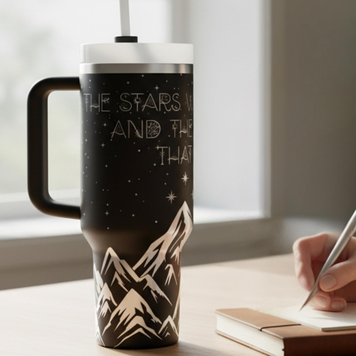 Book Lover Gift Tumbler Insulated Stainless Steel 40oz Capacity Reader Merchandise Fantasy Themed Drinkware Starry Night Sky Mountain Design Literary Quote Travel Mug Double Walled Construction Handle Lid Perfect Daily Beverage Container