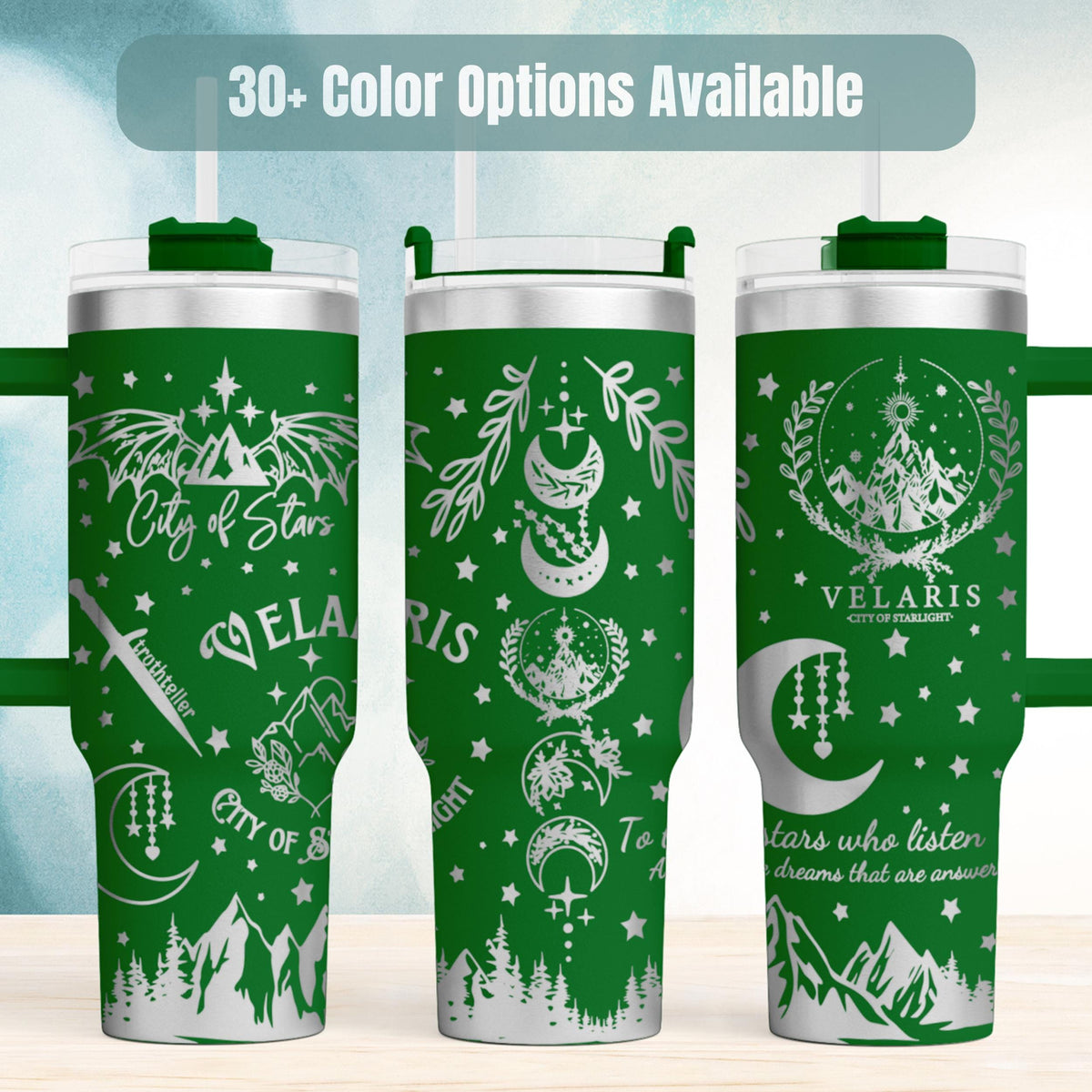 Fantasy Book Inspired Insulated Tumbler 40oz Stainless Steel Construction Laser Engraved Celestial Design Stars Moons Mountains Wings Perfect Gift For Book Lovers Literary Fandom Merchandise Temperature Retention Double Wall Insulation