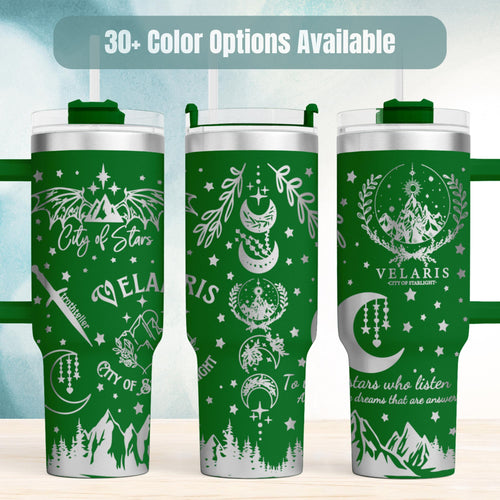 Fantasy Book Inspired Insulated Tumbler 40oz Stainless Steel Construction Laser Engraved Celestial Design Stars Moons Mountains Wings Perfect Gift For Book Lovers Literary Fandom Merchandise Temperature Retention Double Wall Insulation