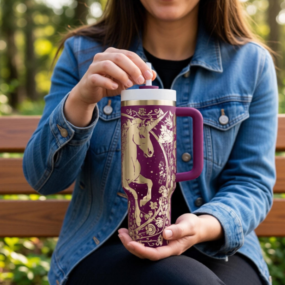 Fantasy Unicorn Design Laser Engraved Tumbler 40oz Insulated Cup Botanical Floral Pattern Celestial Moon Star Accents Navy Blue Gold Cream Elegant Artwork Perfect Gift Women Birthday Valentine Day Stainless Steel Travel Mug Double Wall