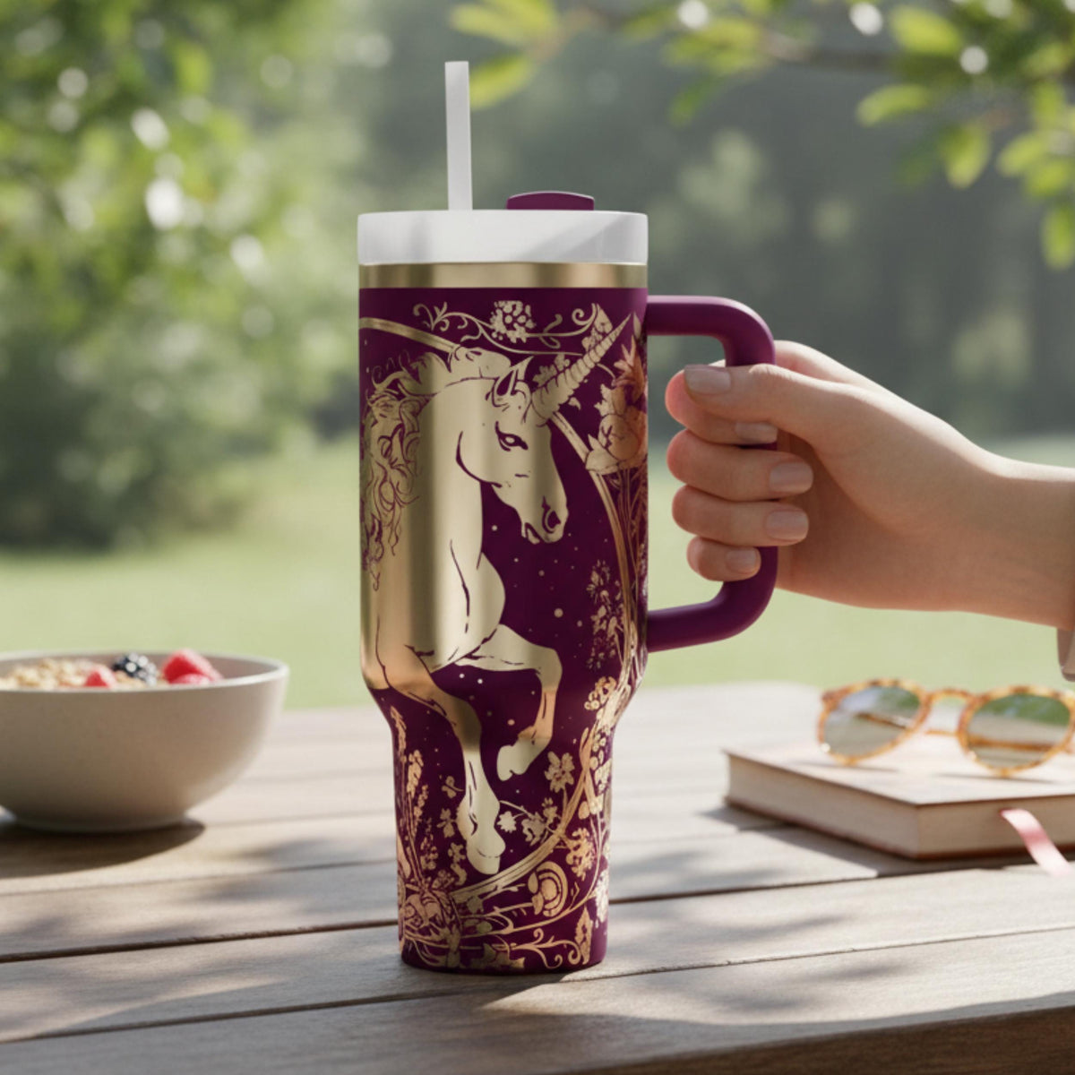 Insulated Travel Mug 40oz Unicorn Tumbler Laser Engraved Fantasy Design Stainless Steel Cup Double Wall Temperature Control Botanical Floral Pattern Celestial Accents Perfect Birthday Gift Valentine Present Women Magical Drinkware